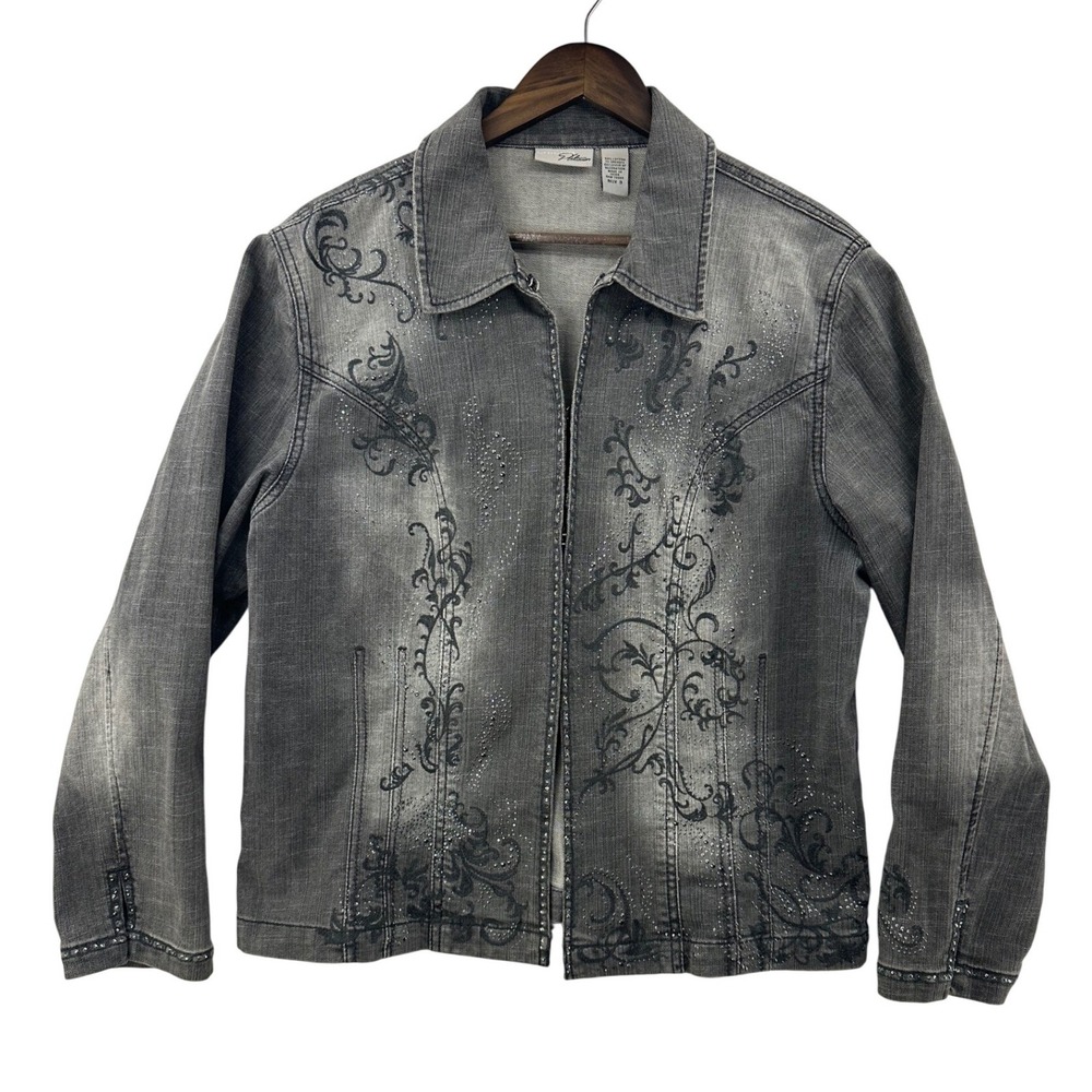 Chico's Platinum Denim Jacket Womens 3 Grey Excellent Rhinestone Scroll Hook Eye